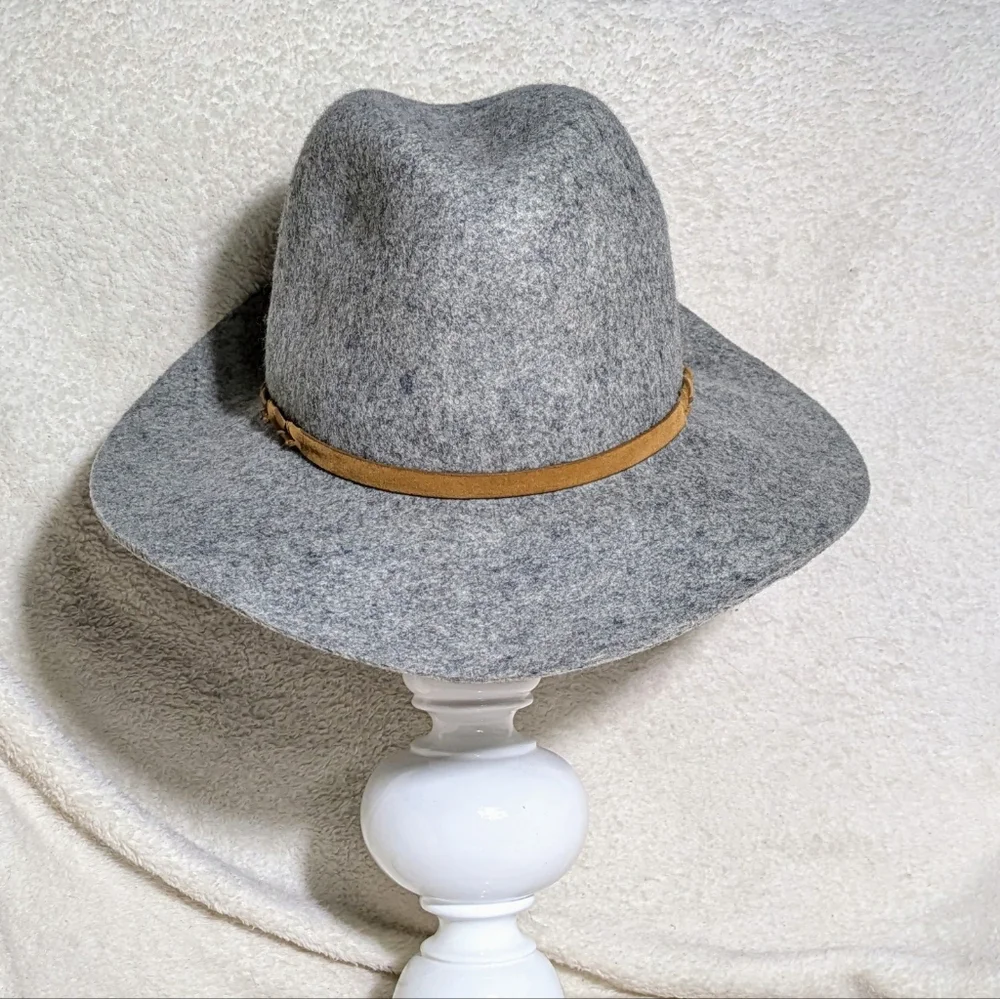Women's Heather Gray‎ Wool Winter Boho Floppy Hat W/Faux Leather Detail